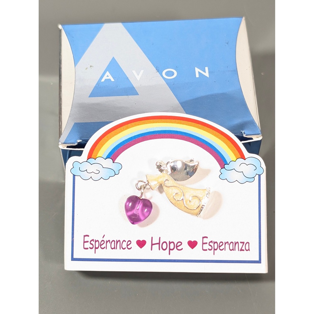 Avon 2003 Inspirational Angel Pin Purple Heart Charm White Enamel Brooch NIB